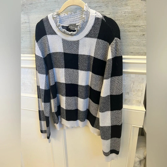 Anthropologie ruffle collar pullover sweater large black white plaid check - Picture 9 of 15